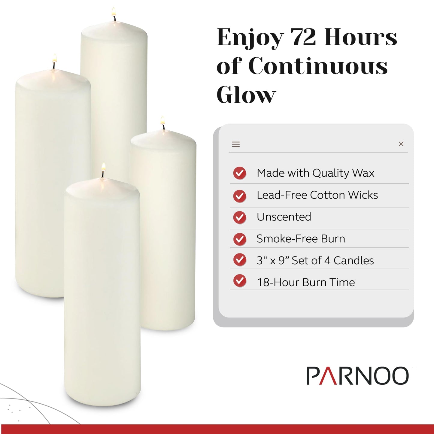 Unscented Pillar Candles - Set of 4 White Pillar Candles - 3x9 Slow Burning Large Candles for Weddings & Table Centerpieces, PARNOO