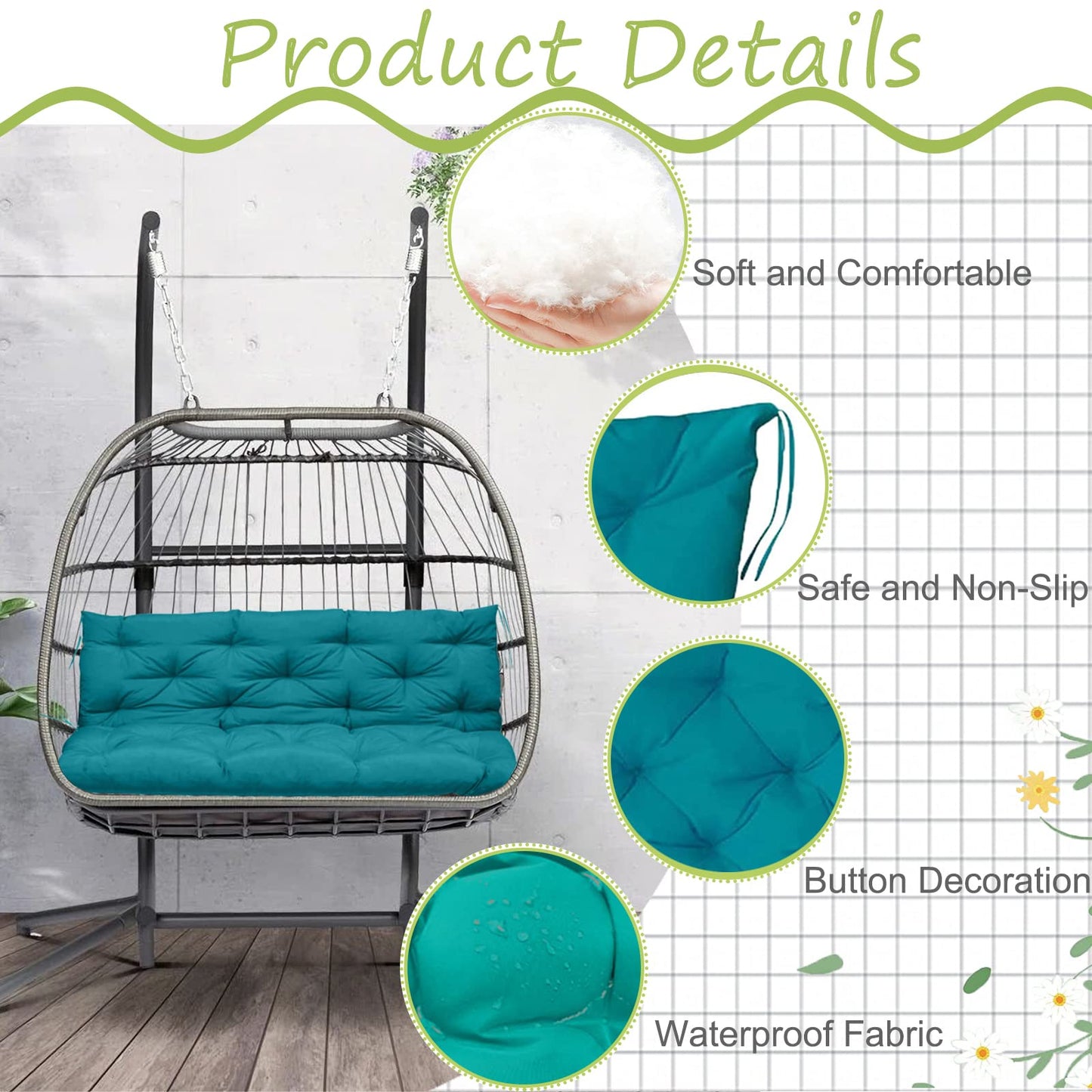 RUFXIEZW Waterproof Porch Swing Cushion Replacement, Thick 4" 2–3 Seat Outdoor Swing Seat Cushion with Backrest & Ties for Patio, Garden & Porch (Lake Blue, 40 * 60 in)