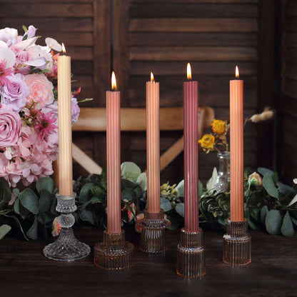 Tableclothsfactory 5 Pack | 9" Assorted Natural Premium Unscented Ribbed Wick Taper Candles, Tall Ribbon Wax Dinner Candles