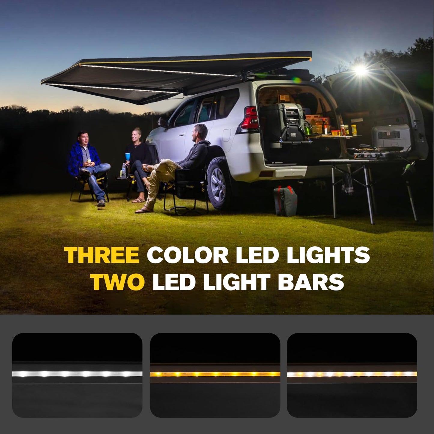 BUNKER INDUST 180 Degree Awning Free Standing, Vehicle Overland Awning Built-in LED Light - Three Colors, Car Driver Passenger Side, Waterproof Wind Resistant for SUV Van Truck Camper