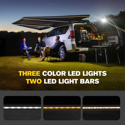 BUNKER INDUST 180 Degree Awning Free Standing, Vehicle Overland Awning Built-in LED Light - Three Colors, Car Driver Passenger Side, Waterproof Wind Resistant for SUV Van Truck Camper