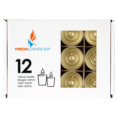 Mega Candles 12 pcs Unscented Gold Votive Candles, Hand Poured Wax Candle 15 Hours 1.5 Inch x 2.25 Inch, Home Décor, Wedding Receptions, Centerpieces, Occasions, Events, Meditations, Holders