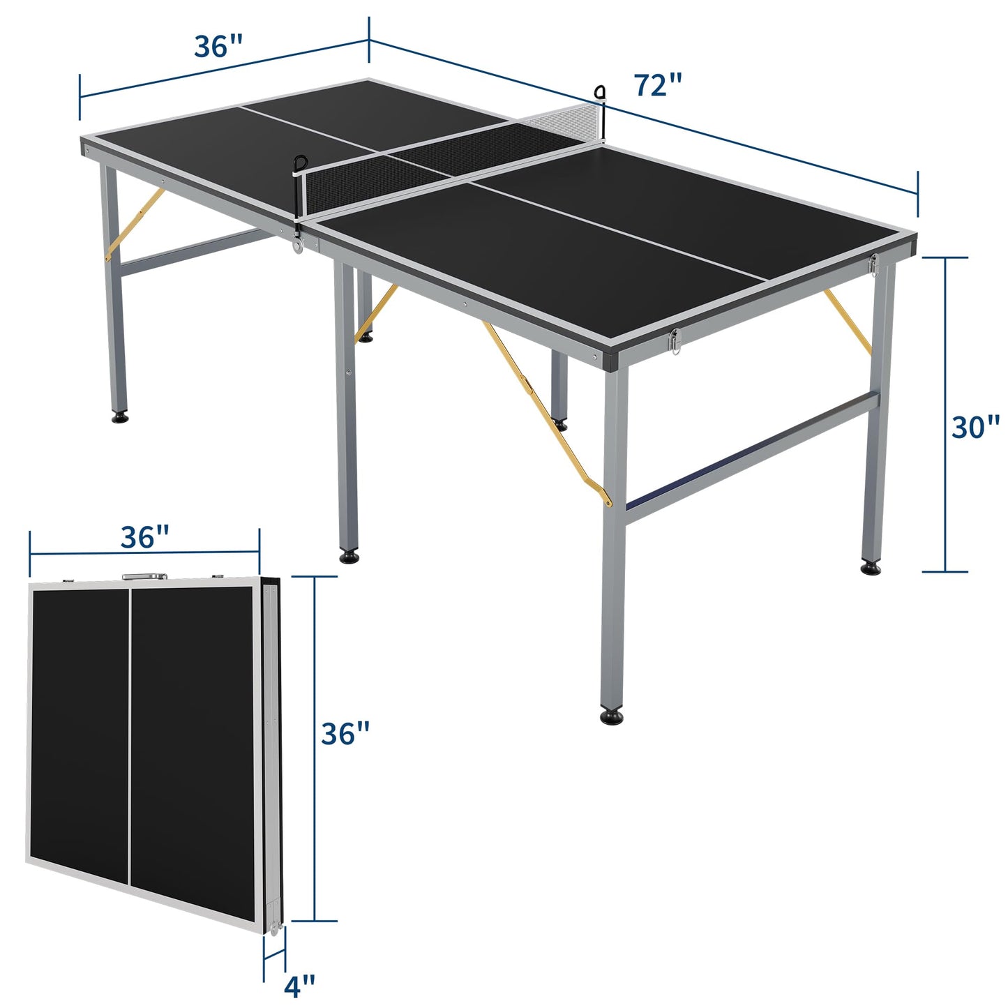 6x3ft Mid-Size Professional Portable Folding Ping Pong Table - Indoor/Outdoor Table Tennis Game Set with Net, 2 Paddles & 4 Balls for Adults and Teens- Quick Assembly