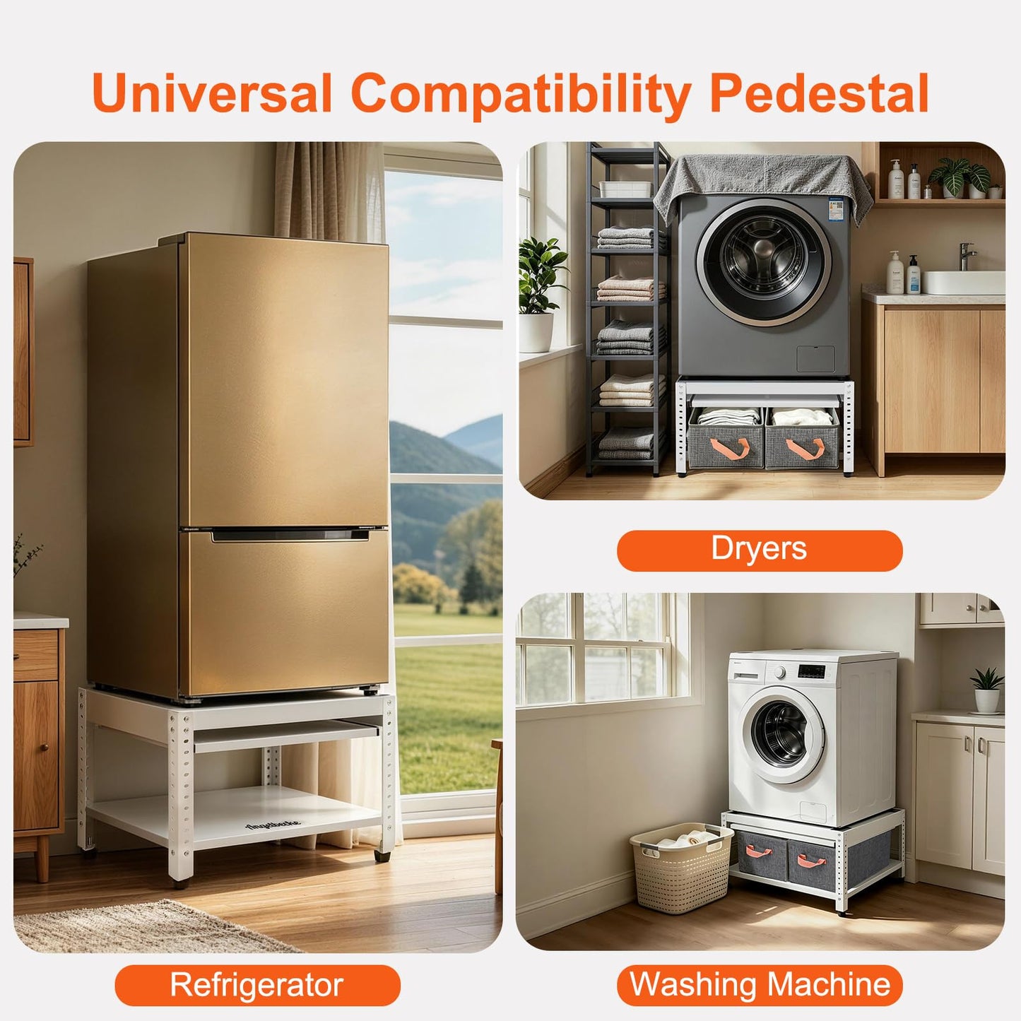 Washer and Dryer Pedestals, 28" L x 28" W Heavy Duty Metal Washer and Dryer Stand Universal Platform, Washer Dryer Pedestal with Basket Shelf, Portable Storage Bag, 4 Silicone Pads, Fit 800lbs, White