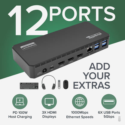 Plugable USB C Triple Display Docking Station | 100W PD, 3x HDMI (1x 4K 30Hz, 2x 1080p 60Hz), 6x USB 5Gbps Ports | Windows, macOS, ChromeOS Compatible - Enhance Productivity with Multi-Monitor Support
