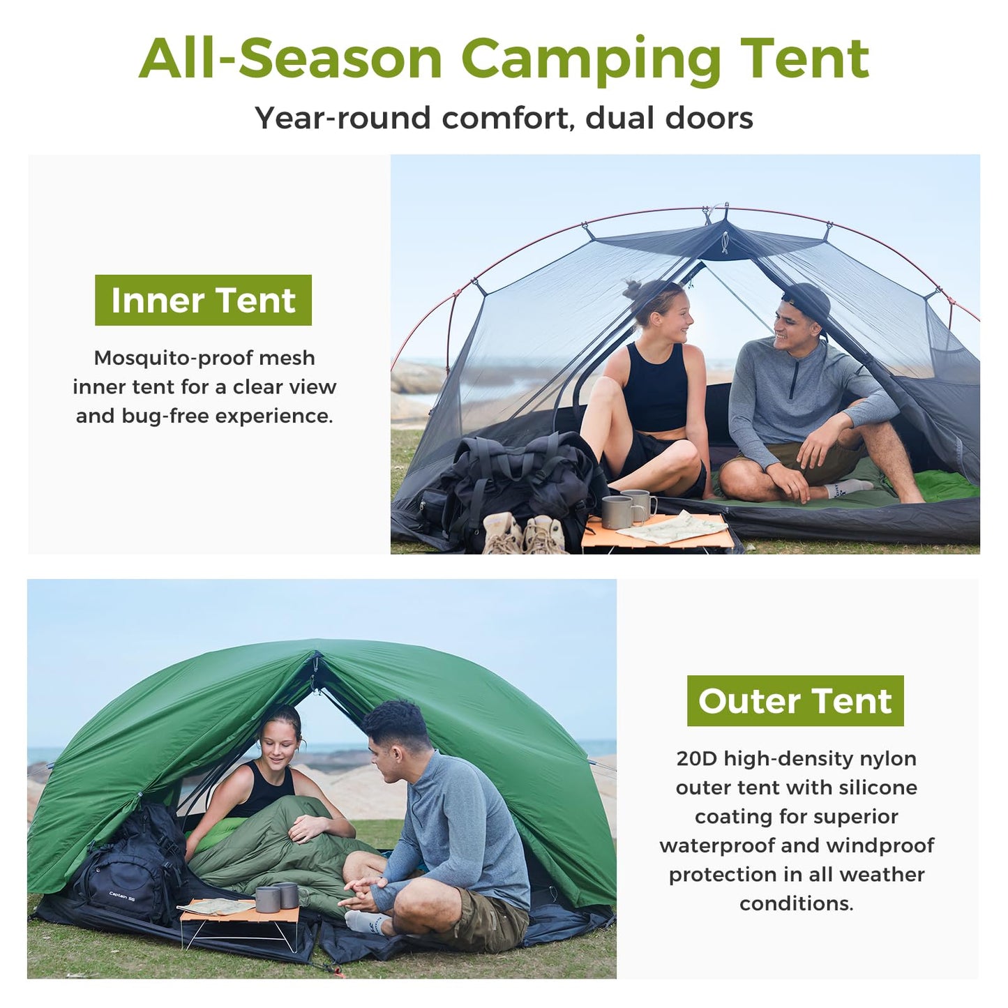ATEPA Voyage 2 Person Backpacking Tent, 4 Season Camping Tent Two Person, 4000mm Waterproof 20D Nylon Rainfly & Aluminum Frame for Backpacking Hiking Outdoor Car Camping Motorcycle Cycling, Green