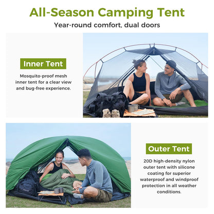 ATEPA Voyage 2 Person Backpacking Tent, 4 Season Camping Tent Two Person, 4000mm Waterproof 20D Nylon Rainfly & Aluminum Frame for Backpacking Hiking Outdoor Car Camping Motorcycle Cycling, Green