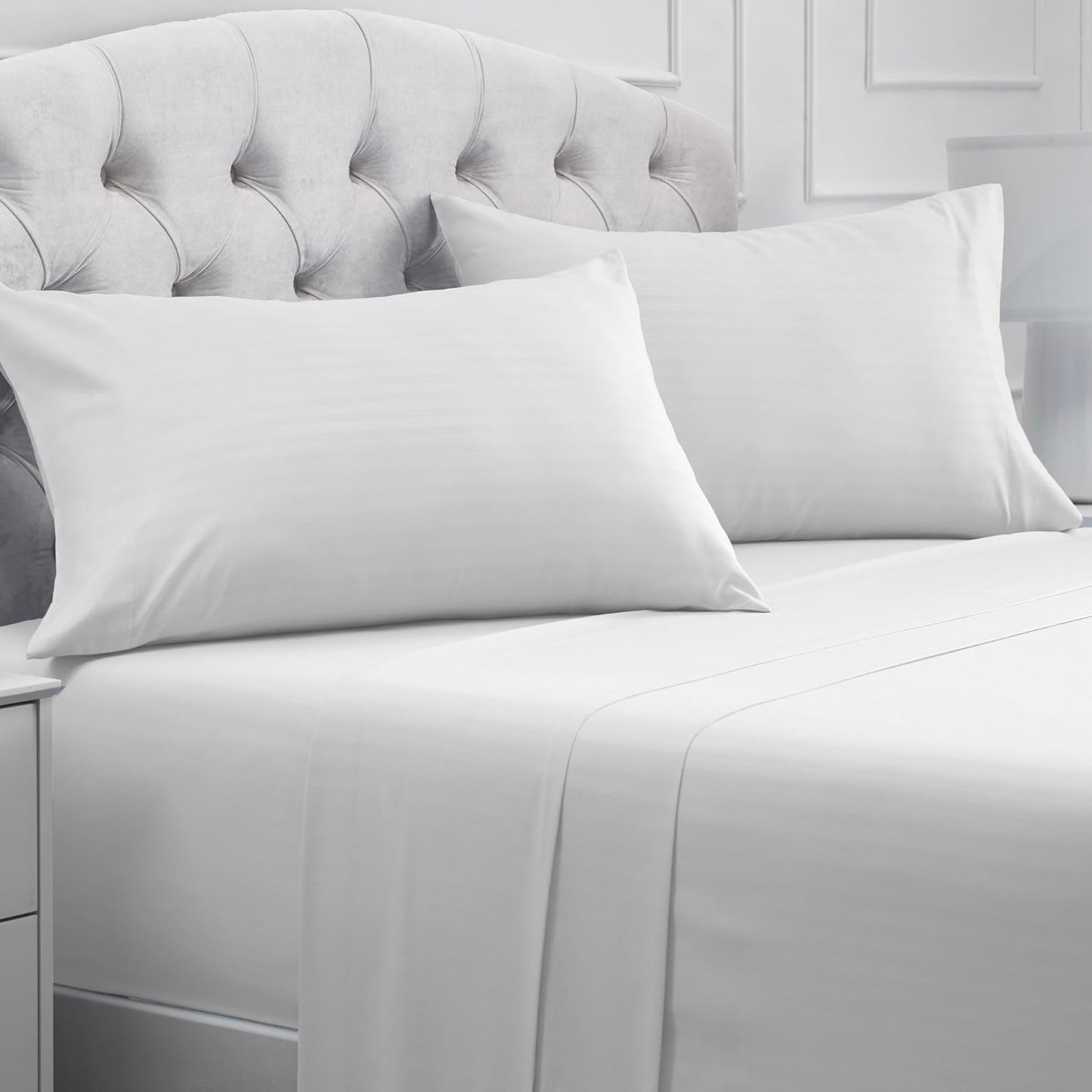 Mellanni King Sheets Set - 4 PC Hotel Luxury Bedding | Extra Soft, Cooling, Wrinkle-Resistant (King, Striped White)