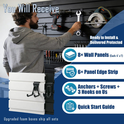 2026 Garage Organization: PVC Slatwall Panels 4x8 ft – Garage Storage Wall System, Heavy Duty Tool Organizer Wall Mount, Waterproof Garage Wall Panels, Easy DIY Install with 3 Hooks (8 Pack of 1x4ft)