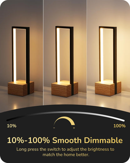 EDISHINE Modern Table Lamp, Dimmable LED, 3 Color Temps, 14.6inx4.7inx4.7in, Black Frame & Solid Wood Base, Model HLTL02