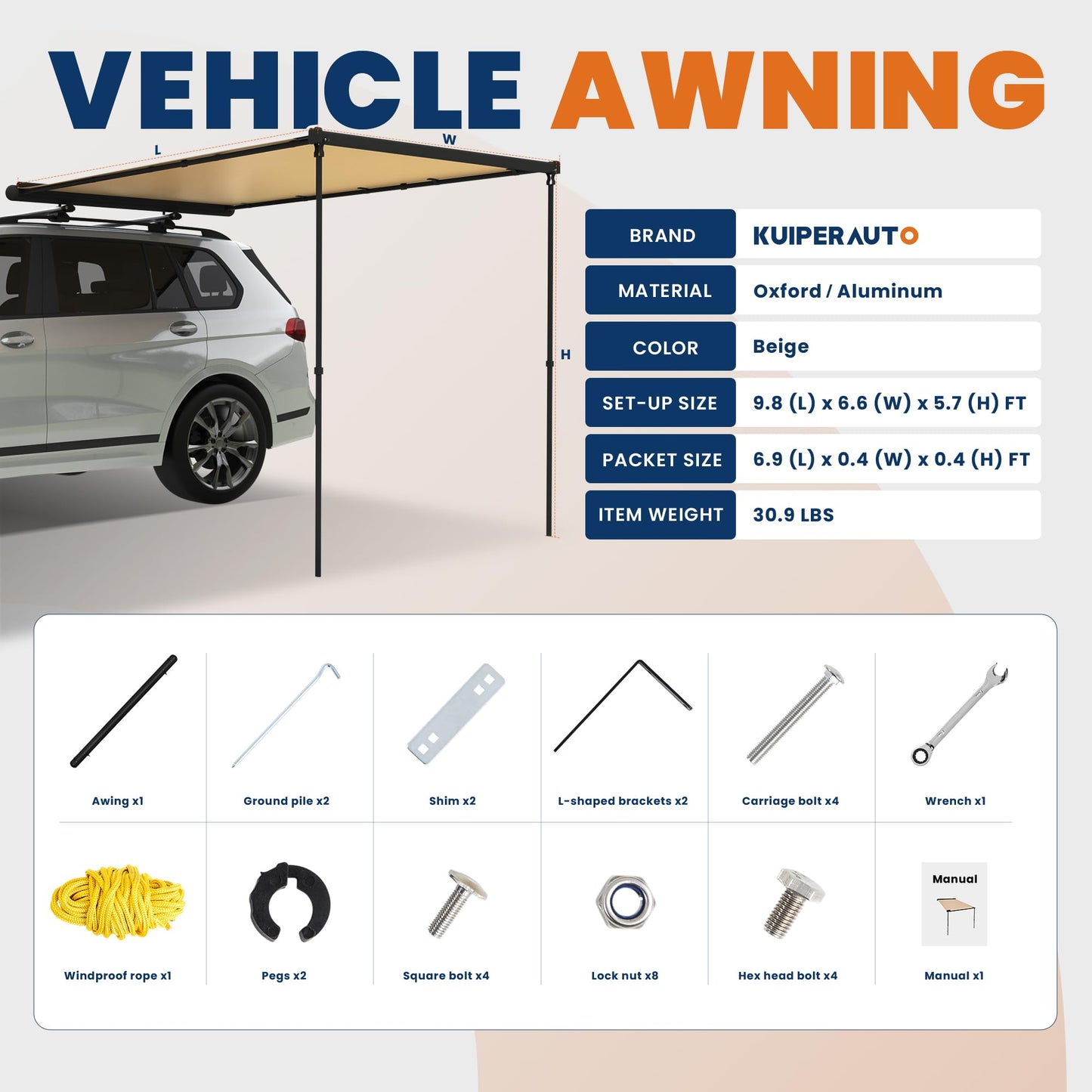 KUIPERAUTO Vehicle Awning Car 6.6'x9.8' Pull-Out Roof Rack Side, Sunshade UV50+ Waterproof PU5000mm Aluminum Shell for Camping, Height Adjustable Shadow Shelter Fit for SUV Trucks, Beige