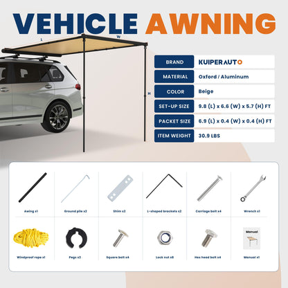KUIPERAUTO Vehicle Awning Car 6.6'x9.8' Pull-Out Roof Rack Side, Sunshade UV50+ Waterproof PU5000mm Aluminum Shell for Camping, Height Adjustable Shadow Shelter Fit for SUV Trucks, Beige