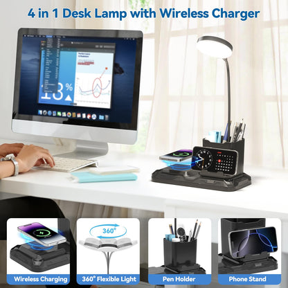 KDD 4 in 1 Desk Lamp with Wireless Charger, 360? Gooseneck, Adjustable White & Warm Light, Black