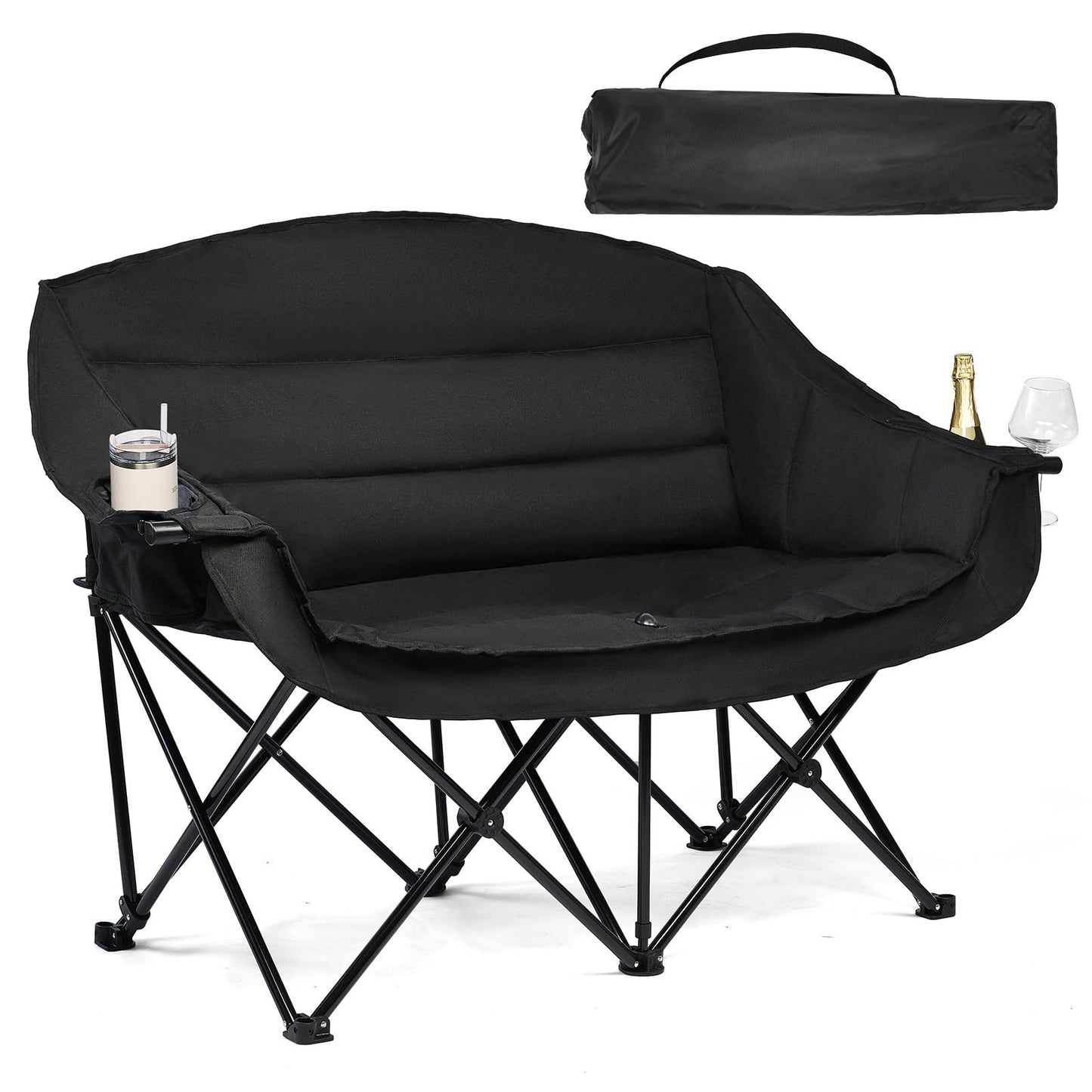 Double Camping Chair Padded Loveseat Chair for 2 Person - Heavy Duty Oversized Camping Couch for Adults Outdoor Sports Lawn Beach Portable Folding XL Chairs with Cup Holders and Carry Bag, All Black