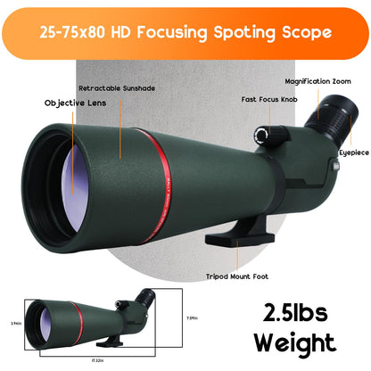 Voopon 25-75x80 HD Spotting Scope - BAK4 Prism Nitrogen-Filled with Phone Adapter, and Carrying Bag for Target Shooting, Hunting, Bird Watching, and Wildlife Viewing - Waterproof Frogproof Telescope