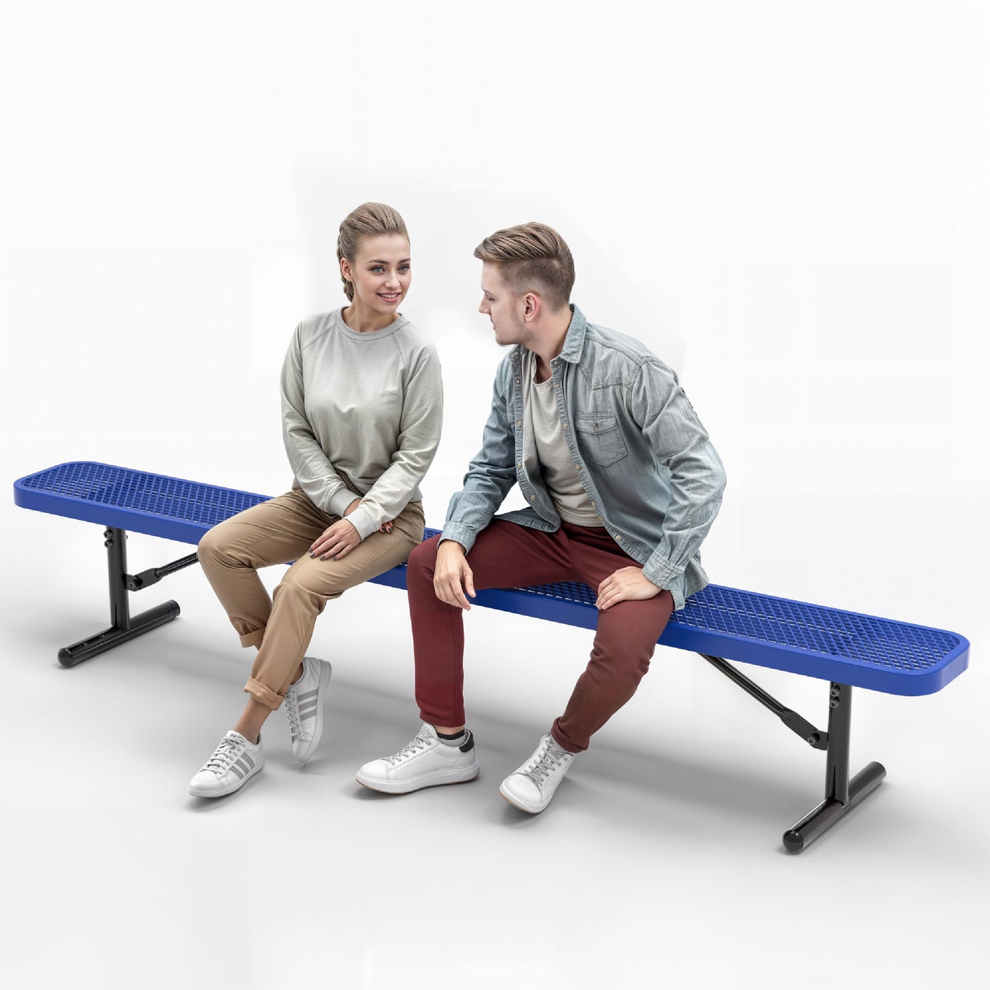 OUTTANS Heavy-Duty Outdoor Metal Bench, Thermoplastic-Coated, Portable, Weatherproof, Commercial-Grade for Parks, Gardens, Patios, Stores & More (8 Ft - Portable, Blue)