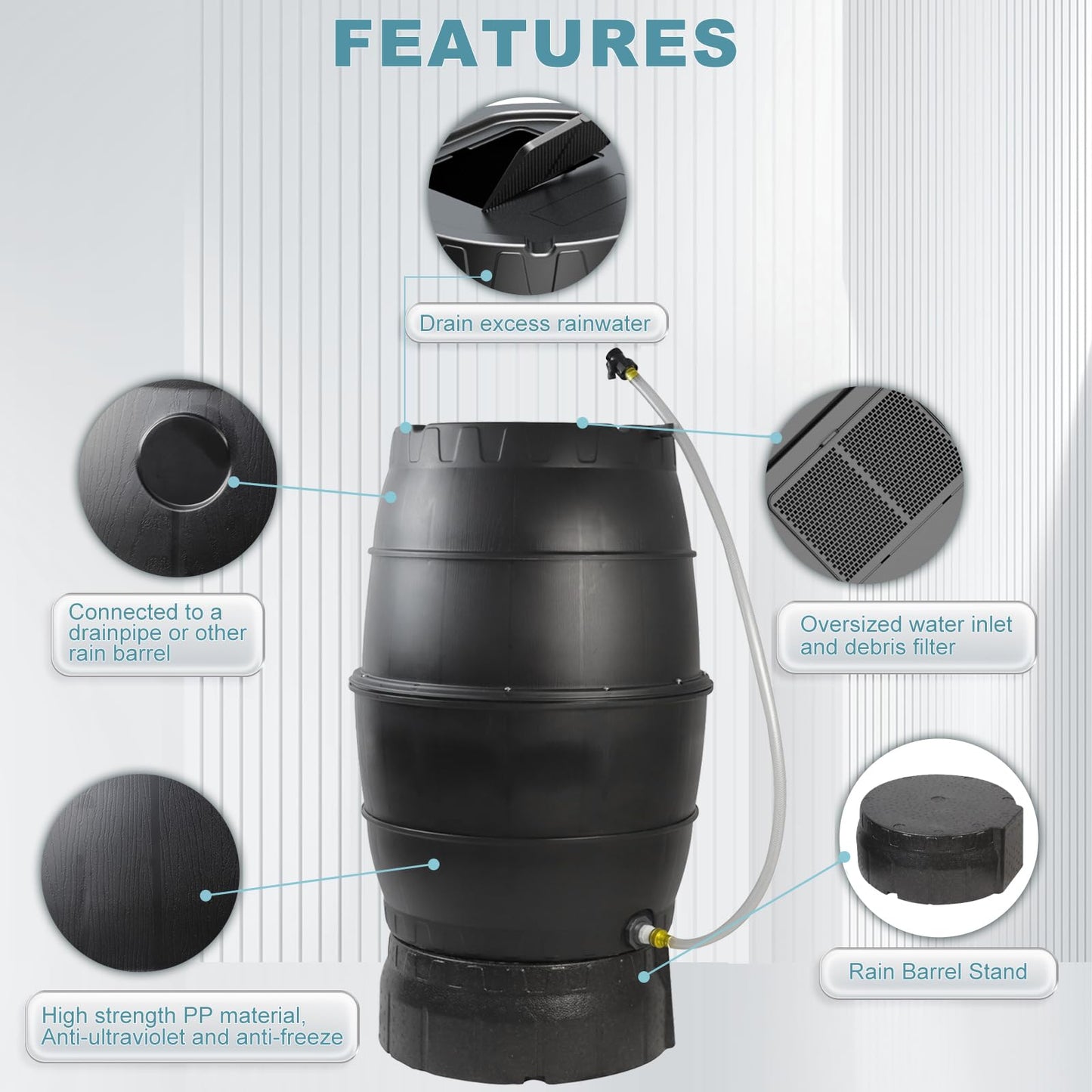 SQUEEZE master 50 Gallon Rainwater Collection Barrel with Stand-BPA Free Home Rain Catcher with Outlet Hose-Flatback Designed Water Storage Collection Barrel for Gardens and Plants