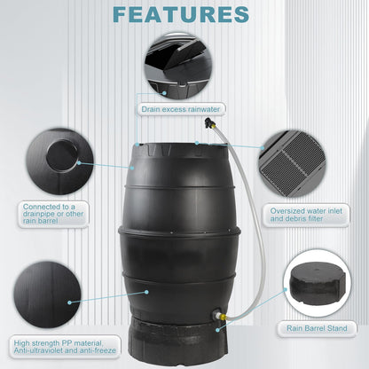 SQUEEZE master 50 Gallon Rainwater Collection Barrel with Stand-BPA Free Home Rain Catcher with Outlet Hose-Flatback Designed Water Storage Collection Barrel for Gardens and Plants