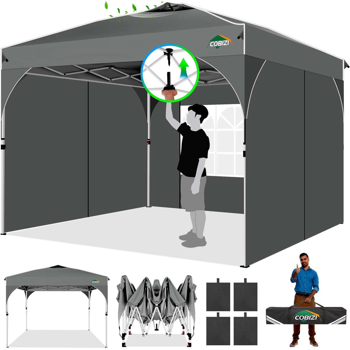 COBIZI Canopy Tent 10x10, Easy Up 10x10 Pop Up Canopy for Party Camping, Party Tents with One Push Central Button Air Vent, Outdoor Gazebo Tent with Sidewalls and Reflective Strip(Grey)