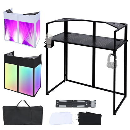 ANGELBECKE Portable DJ Booth Facade,DJ Table,Heavy-Duty DJ Table Stand Portable Booth,Iron Plate Surface DJ Facade Booth,with Carry Bag & Hook & Cup Holder (41.3"L x 20.4"W x 43.3"H)