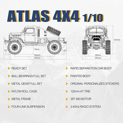 EAZYRC FMS Rochobby 1/10 Atlas Ready Set RC Crawler RC Truck 4X4 with Lighting 2.4GHz RadioBall Bearing Metal-Gear Full4 Link SuspensionRapid Separation Car Body for Adult (Yellow)