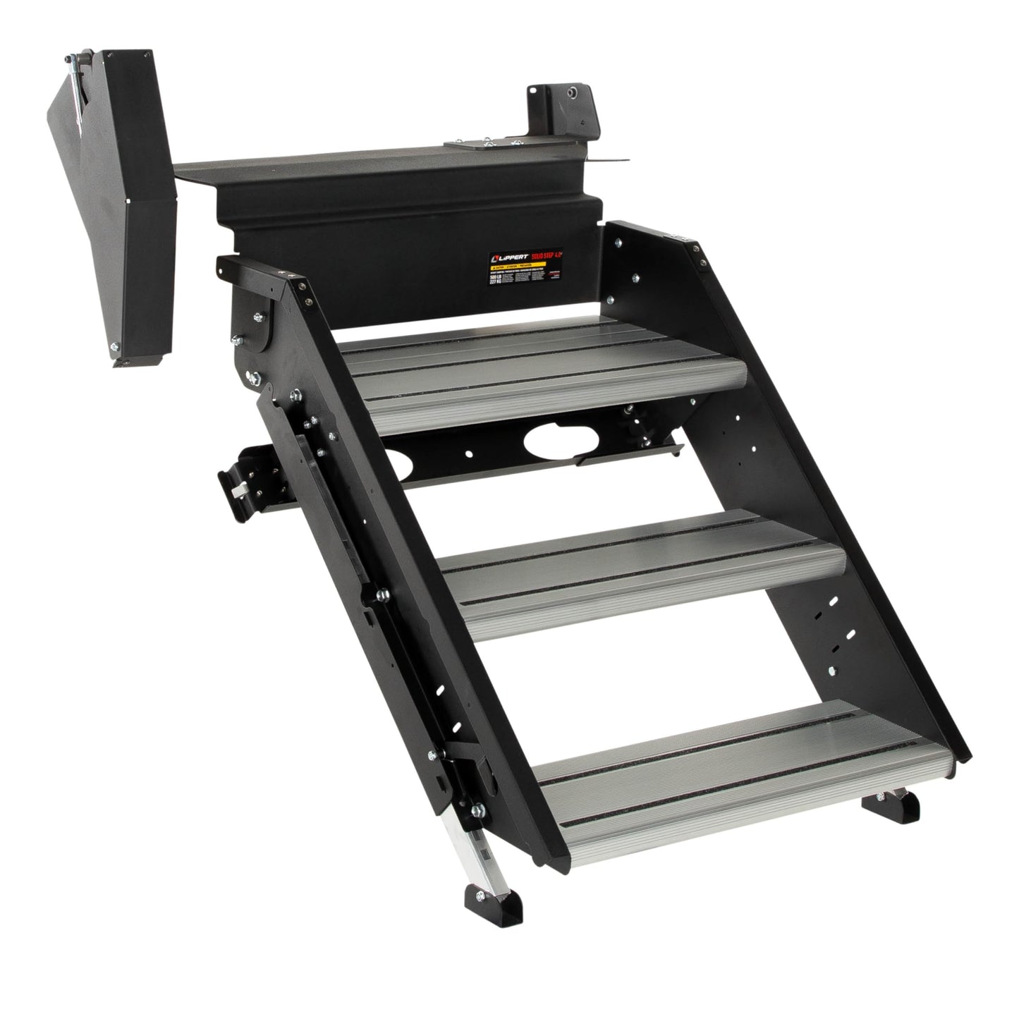 Lippert Solid Step 4.0 Premium Triple RV Camper Entry Steps with Lift Assist Gas Struts, 26" Step Width, XL Top Tread, 8" Rise, 500-lb. Weight Capacity, Adjustable Legs, Recessed Feet - 2024056998