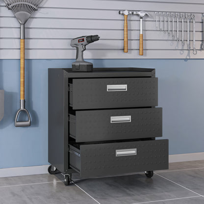 Manhattan Comfort Fortress 31.5-Inch Rolling Garage Tool Chest, 3-Drawer Lockable Mobile Storage Cabinet, Diamond-Textured Steel Utility Organizer with Wheels for Basement, Workshop in Charcoal Grey