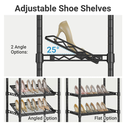 VIPEK S20 Clothes Rack with Heavy Duty Shoe Shelves (25° tilt angle), 850lbs Freestanding Metal Clothing Rack with 10-Tiers Shelves, Adjustable and Removable, Space Saving Closet Organizer, Black