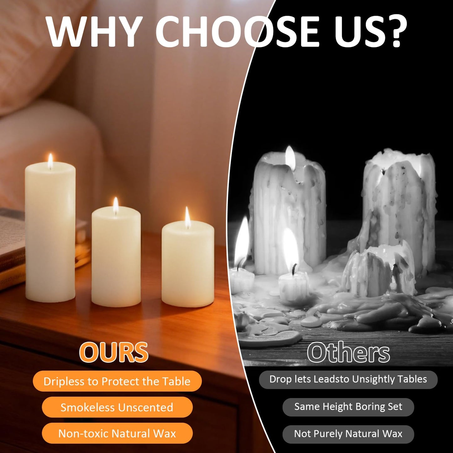 Trxvxo 6-Pack White Pillar Candles Bulk Set - Assorted 3 Sizes (3, 4, 6 Inch, 2 Each), Long-Lasting Dripless, Unscented & Smokeless Hurricane Candles for Wedding, Dinner Party & Romantic Atmosphere.