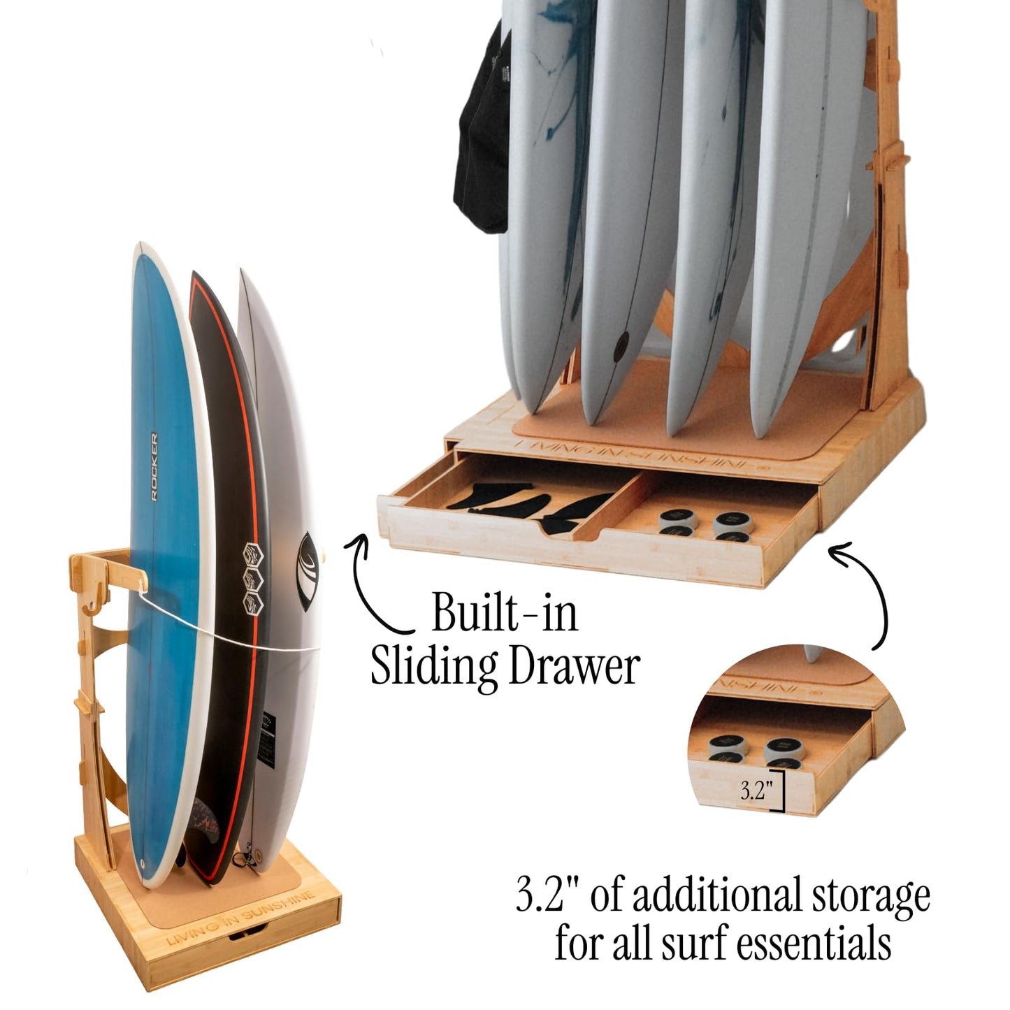 LISS Spirit Rack, Vertical Surfboard Rack Stand Holder for 3 & 4 Boards, Indoor Surf Rack Storage Display for Longboard, Shortboard, Snowboard, Wakeboard, Skateboard Up to 10Ft Long