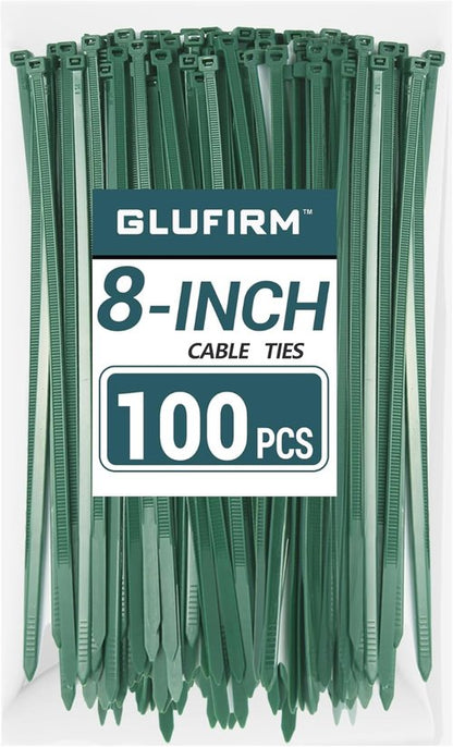 Glufirm Green Zip Ties - 8 Inch (100 Pack) | 45lb Tensile Strength, UV & Cold Resistant for Home & Garden