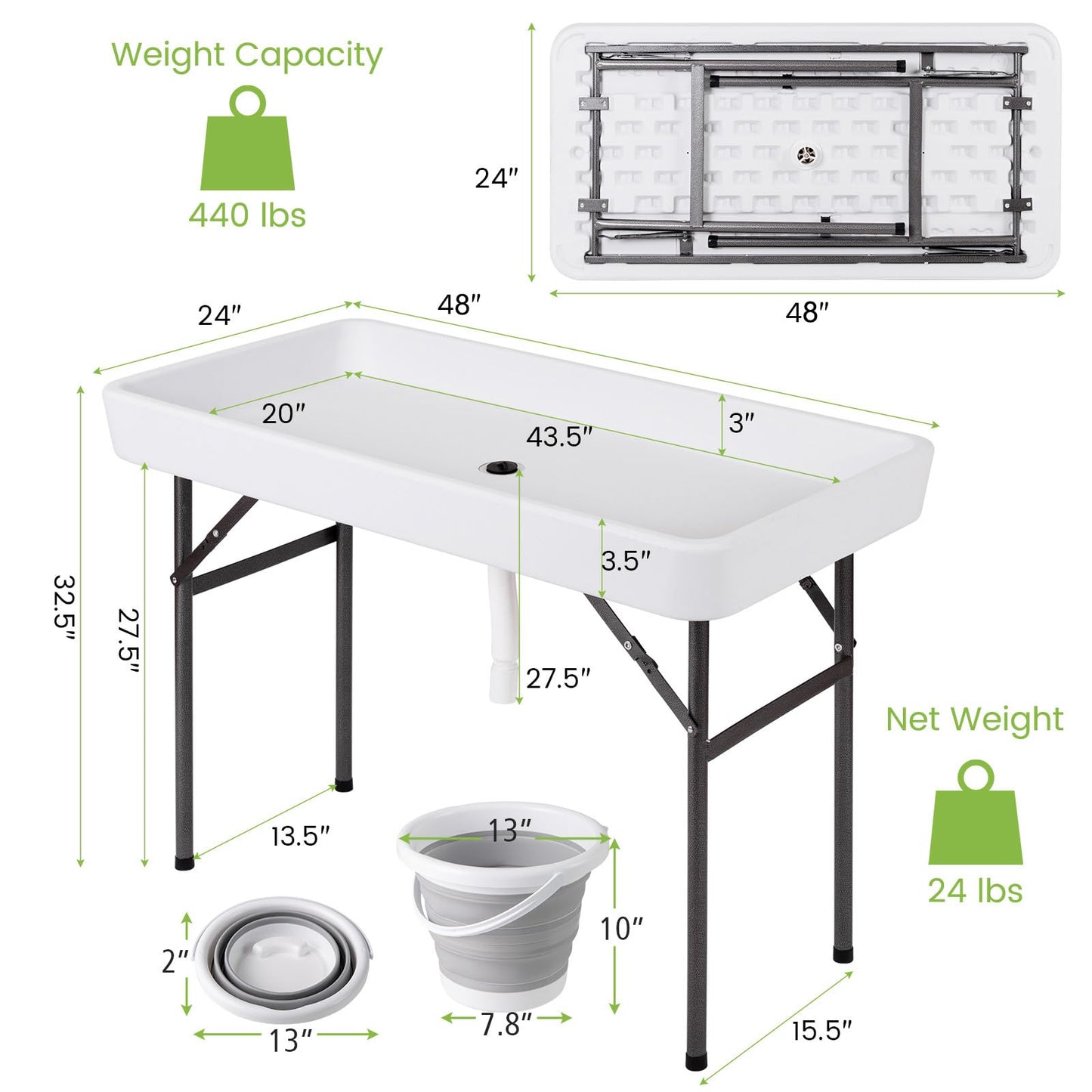 Giantex 4 FT Folding Ice Cooler Table with Drain & Bucket, Removable Skirt, No Assembly, Portable Fill and Chill Table for Food Drink Beverage, Foldable Party Ice Bin for Camping BBQ, White