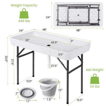 Giantex 4 FT Folding Ice Cooler Table with Drain & Bucket, Removable Skirt, No Assembly, Portable Fill and Chill Table for Food Drink Beverage, Foldable Party Ice Bin for Camping BBQ, White