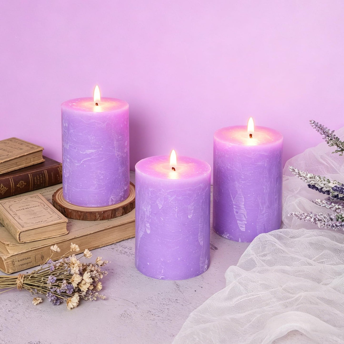 Cafemoon 3 Pack 3x4 Inch Lavender Scented Pillar Candles, Rustic Rough Textured Purple Candles, 35+ Hours Long Burning Smokeless Dripless for Home Decor Bathroom Shelf Dinner Party Spa Gift