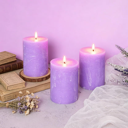 Cafemoon 3 Pack 3x4 Inch Lavender Scented Pillar Candles, Rustic Rough Textured Purple Candles, 35+ Hours Long Burning Smokeless Dripless for Home Decor Bathroom Shelf Dinner Party Spa Gift