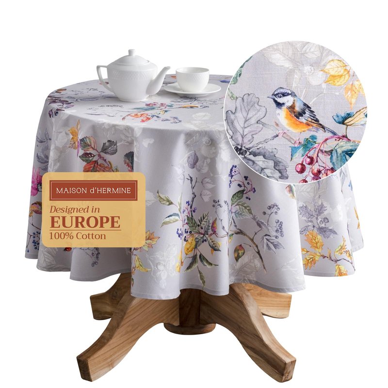 Maison d' Hermine Table Cloth Round Table 100% Cotton 63 Inches Fall Tablecloth Reusable Everyday Use for Thanksgiving Christmas Decorations Dining Farmhouse Party (Equinoxe - Grey)