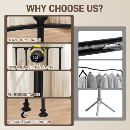 Gereat Dual-Form Rolling Round Clothing Rack, 330LBS Heavy Duty Garment Rack with Wheels or Leveling Feet, Rotating Commercial Retail Display Rack with Wood Topper for Boutique & Laundry Room