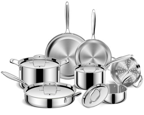 EWFEN Pots and Pans Set, 3 Ply 11 Piece Stainless Steel Cookware Set, Oven Dishwasher Safe | Induction Compatible Frying Pans, Saucepans, Saute Pan & Stock Pot, PFOA Free Kitchen Skillet