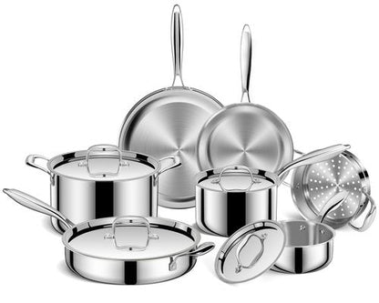 EWFEN Pots and Pans Set, 3 Ply 11 Piece Stainless Steel Cookware Set, Oven Dishwasher Safe | Induction Compatible Frying Pans, Saucepans, Saute Pan & Stock Pot, PFOA Free Kitchen Skillet
