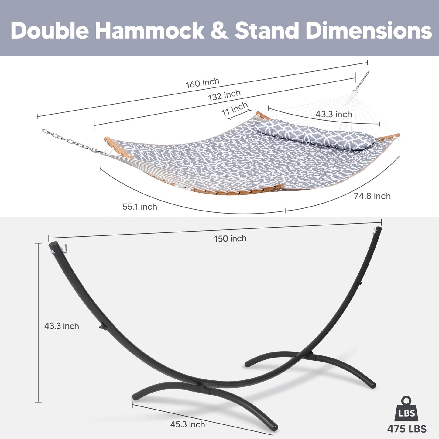 SUNCREAT Portable Outdoor Hammock with Stand, Double Hammock with Stand for Outside, Patent Pending, Gray