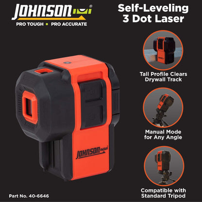 Johnson Level & Tool 40-6646 Self-Leveling 3 Dot Laser w/ 2 Plumb Dots and 1 Level Dot, 4.5", Red, 1 Laser