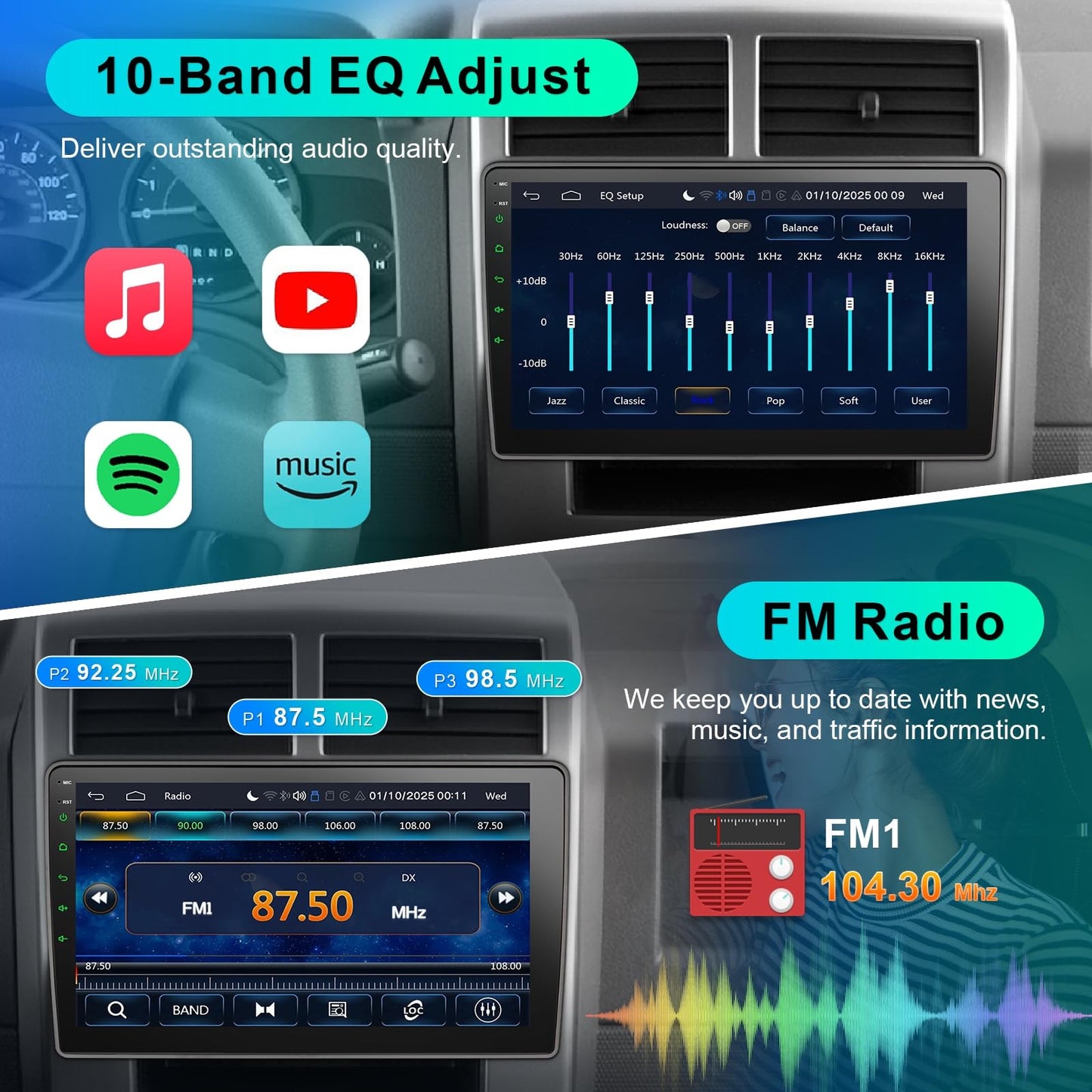 Liunx Car Radio for Jeep Wrangler JK Compass Grand Cherokee Dodge Ram Upgrade Stereo Wireless CarPlay Android Auto,10 '' Touchscreen Head Unit Bluetooth Mirror Link AM/FM SWC