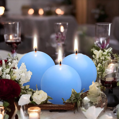 Ball Pillar Candles Set of 3 Blue 3Inch Unscented Handpoured Weddings, Home Decoration(75 Hour)