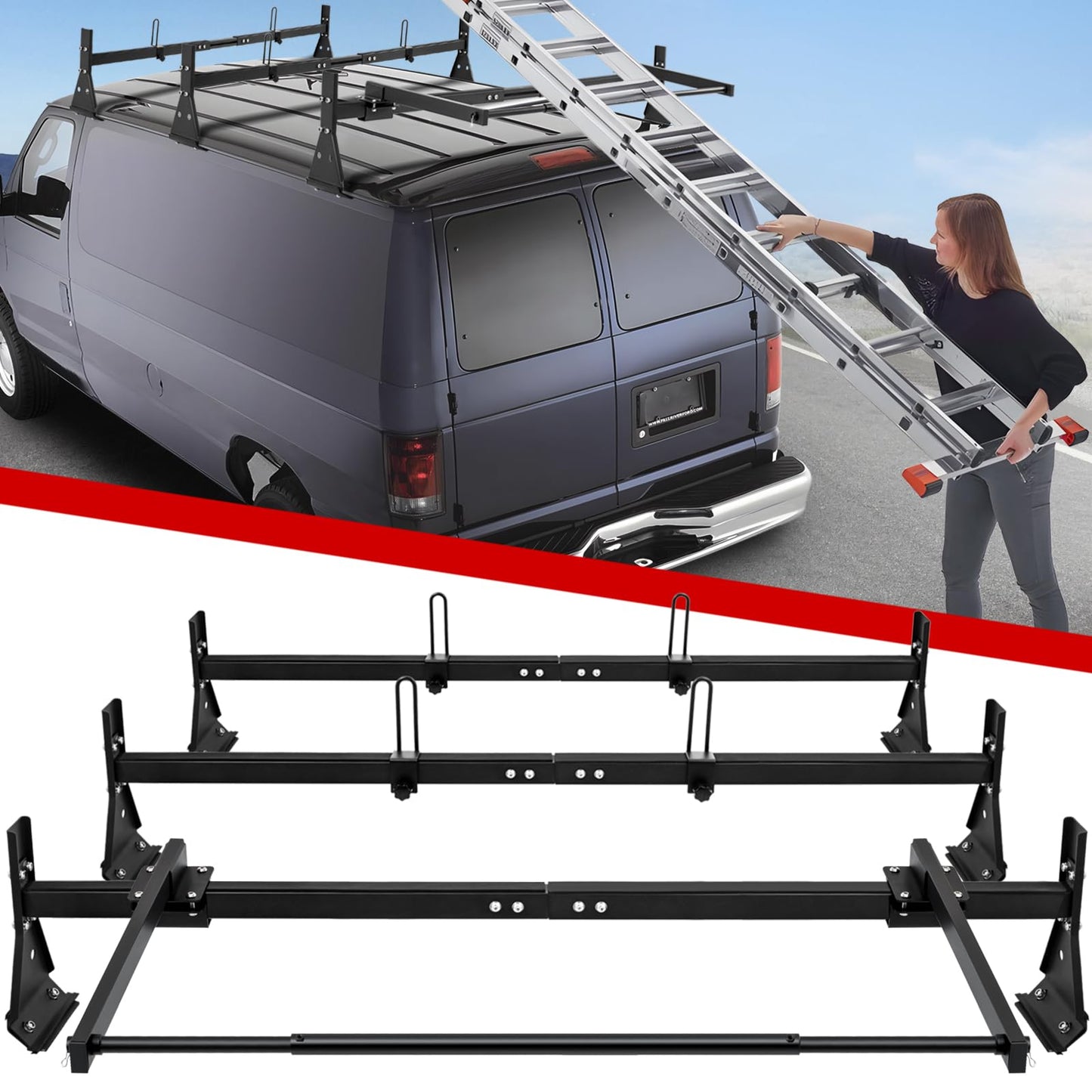 LMYYGOO Universal Van Ladder Rack with Rear Roller, Adjustable 57"-65" with Ladder Stoppers for Chevy Express 1500 2500 3500 Ford Econoline GMC Savana Full-Size, Fits Rain Gutter Vans, 800LB Capacity