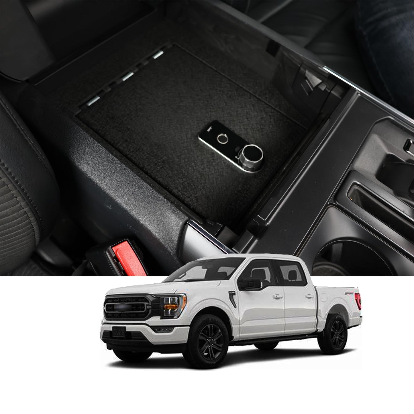 Center Console Gun Safe Vault - WASAI Premium In-vehicle Console Lock Box Compatible with Ford F-150 2021-2024, Fingerprint Lock with Key.