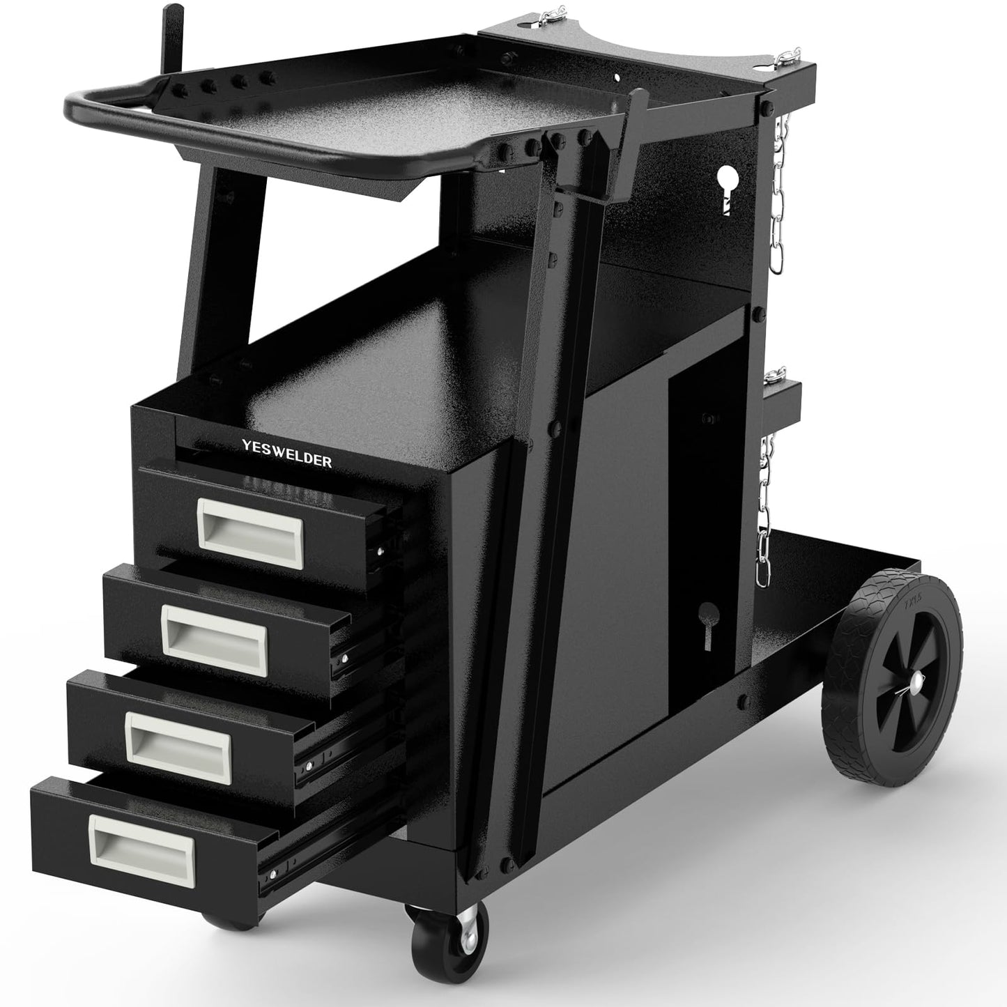YESWELDER 2-Tier Welding Cart with 4 Drawers, Heavy Duty Large Storage Welding Trolley with 360° Rolling & Safety Chains for MIG TIG Welder and Plasma Cutter