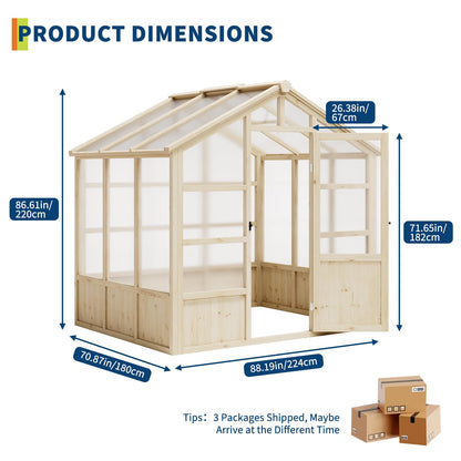 6x8FT Greenhouses for Outdoors, Wooden Greenhouse with Lockable Door, Wood Frame & Adjustable Vent, Polycarbonate Panel Heavy Duty Greenhouse for Outside, Garden, Yard, Light Brown