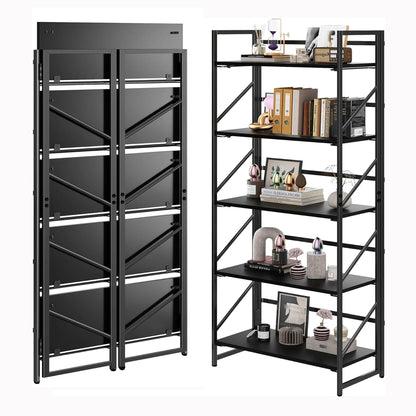 Kogven Folding Bookshelf, 2-in-1 Convertible Design, Multifunctional Plant Stand Storage Rack Shelves for Home Office, Easy Assembly, 5-Tier, Black