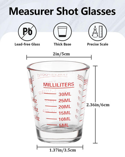 Shot Glasses Measuring Cup Set 4PACK Espresso Shot Glasses Liquid Heavy Glass 26-Incremental Measurement 1 OZ, 2 TBS, 6 TSP, 30 ML Kitchen Tools (Red)