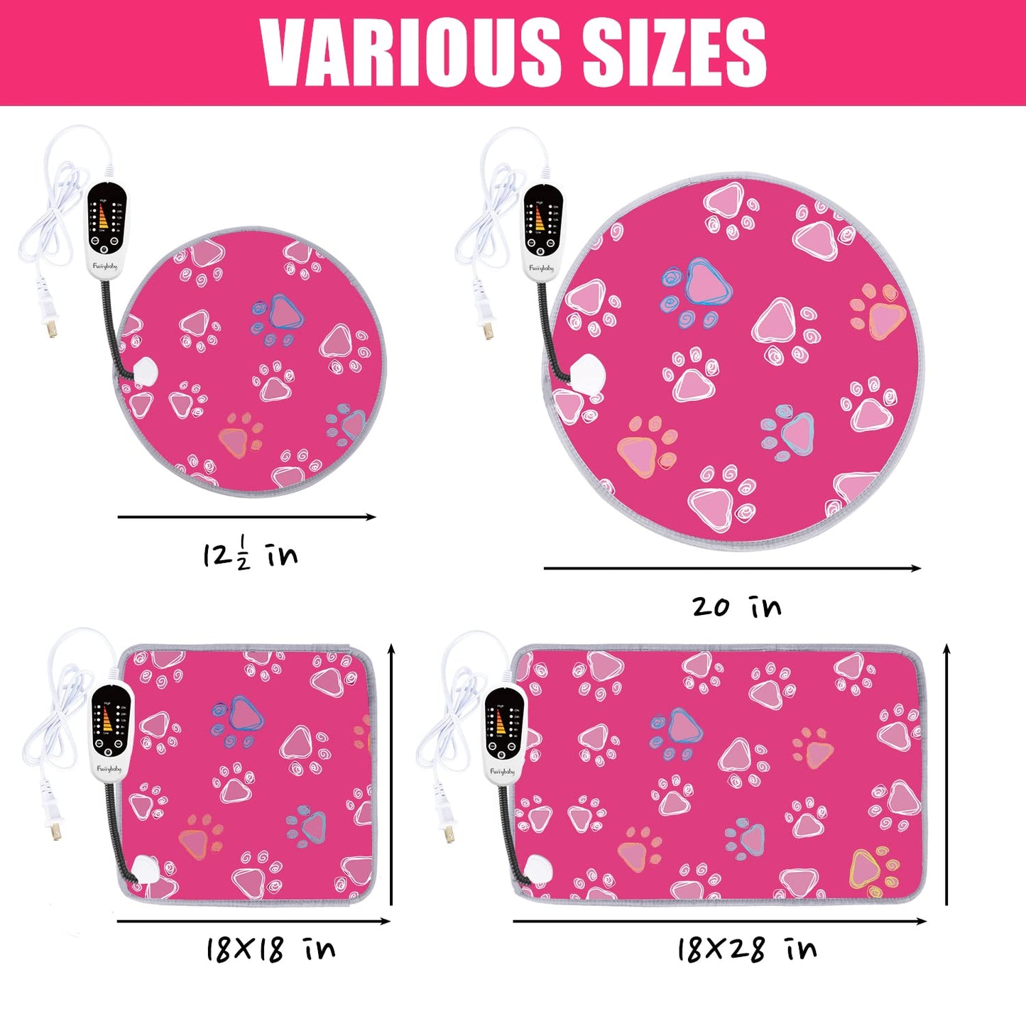 furrybaby Pet Heating Pad, Waterproof Dog Heating Pad Mat for Cat with Durable Anti-Bite Tube Indoor for Puppies Dogs Cats (1 Pack Black, 17 X 17in, Temp Adjustable)